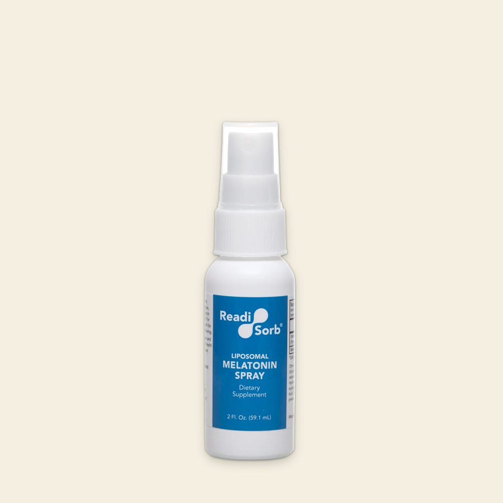 Bottle of Readi Sorbs Liposomal Melatonin Spray on a beige background