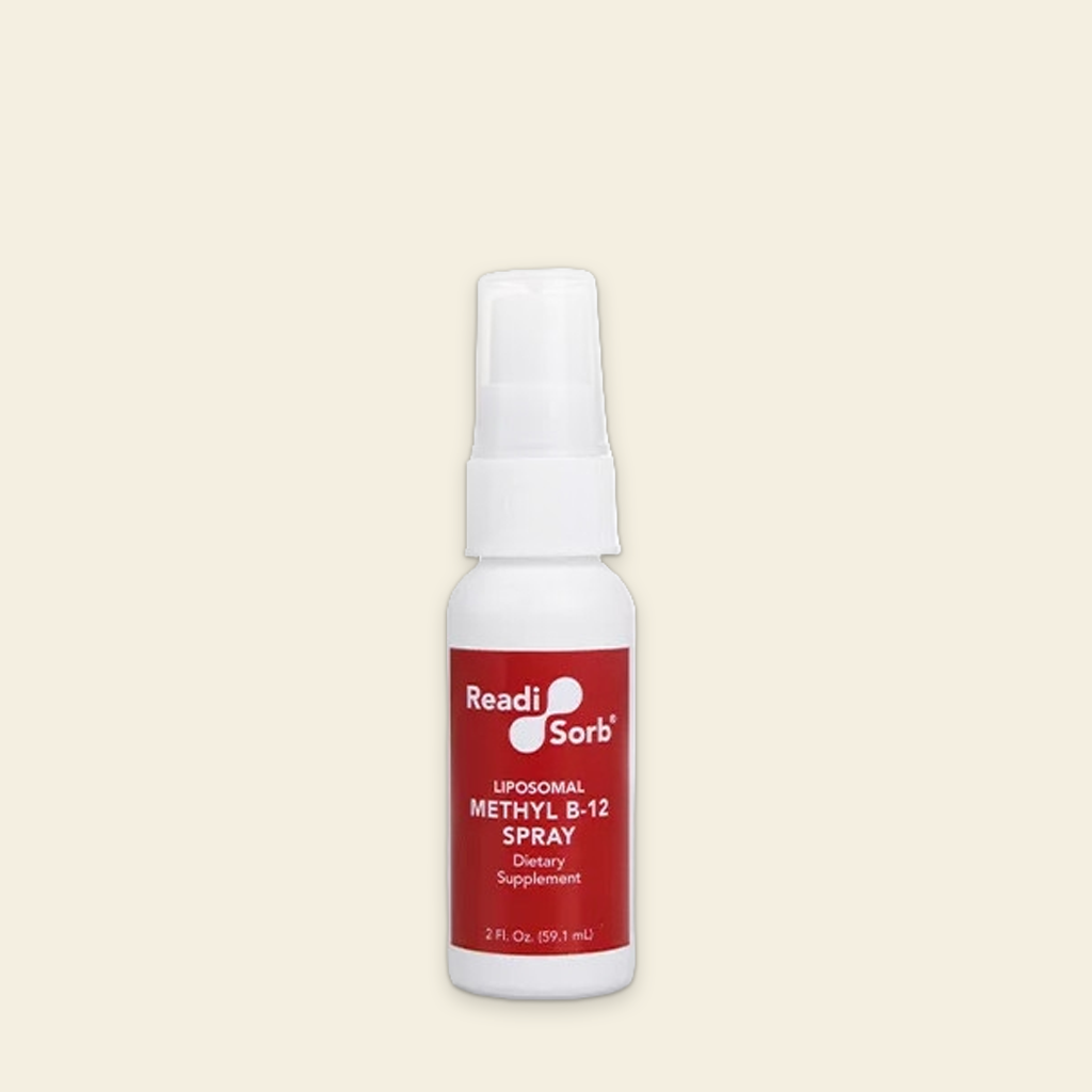 Bottle of Readi Sorb Liposomal Methyl B-12 Spray on a beige background
