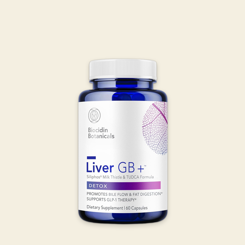 Supplement bottle labeled 'Liver GB+' by Biocidin Botanicals on a light beige background