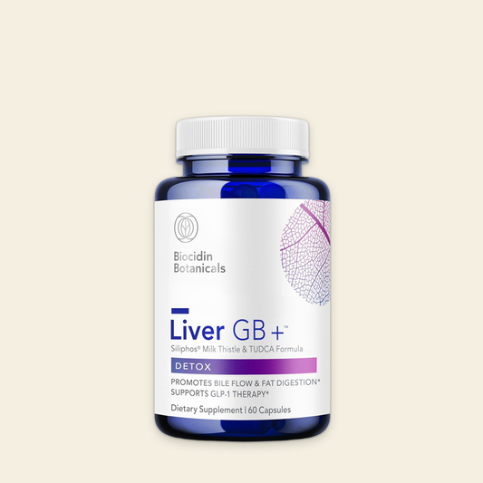 Supplement bottle labeled 'Liver GB+' by Biocidin Botanicals on a light beige background