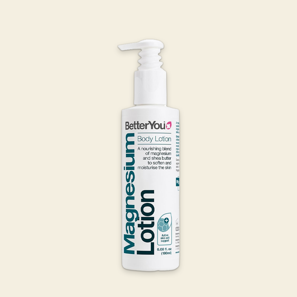 BetterYou magnesium lotion bottle on a beige background