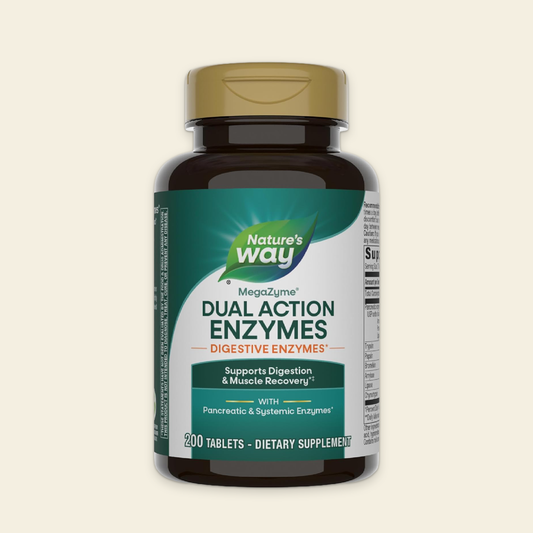 Nature's Way Dual Action Enzymes supplement bottle on a beige background