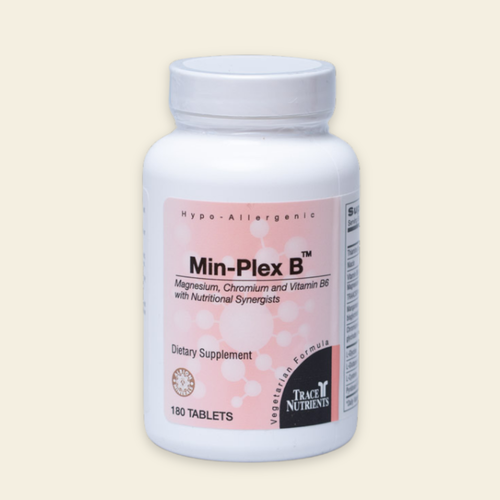 Min-Plex B dietary supplement bottle on a beige background