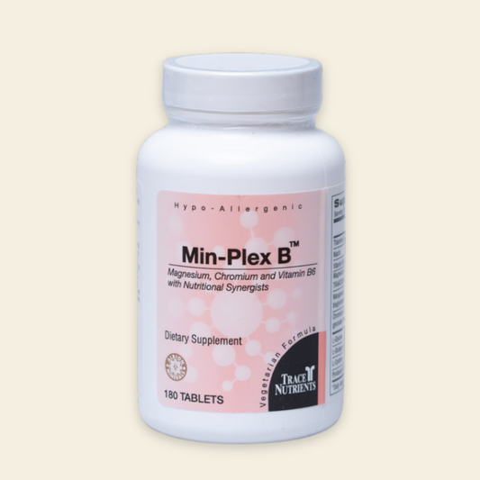 Min-Plex B dietary supplement bottle on a beige background