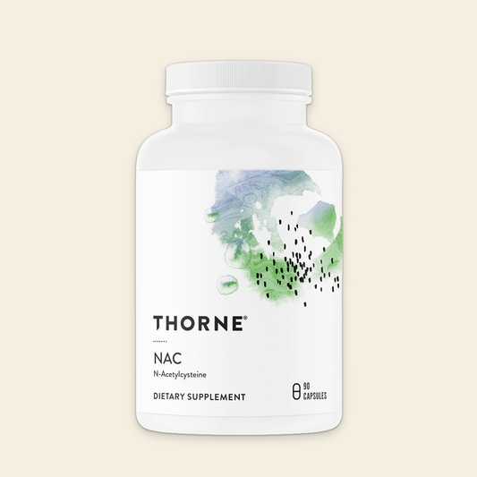 Thorne NAC dietary supplement bottle on a beige background