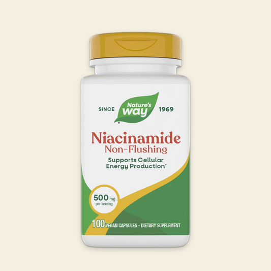 Nature's Way Niacinamide supplement bottle on a beige background