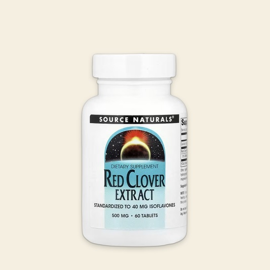 Bottle of Source Naturals Red Clover Extract supplement on a beige background