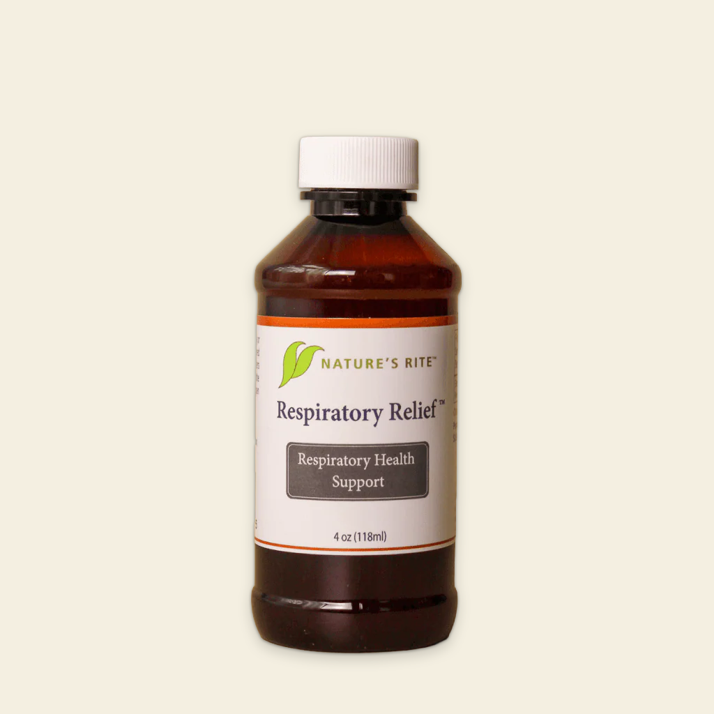 Bottle of Nature's Rite Respiratory Relief on a beige background