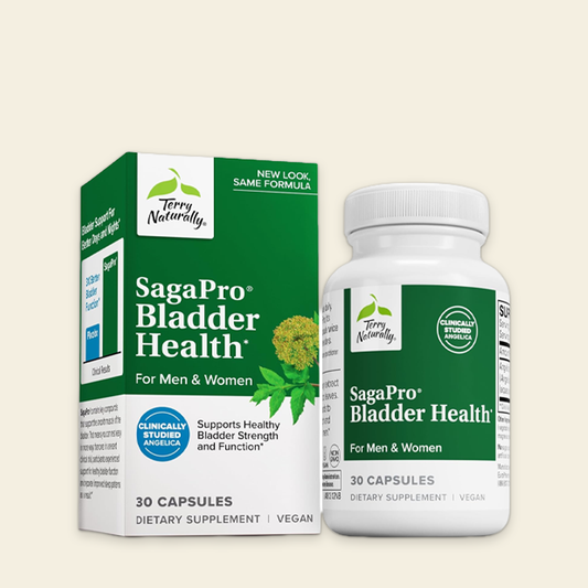Terry Naturally SagaPro Bladder Health supplement bottle and packaging on a beige background