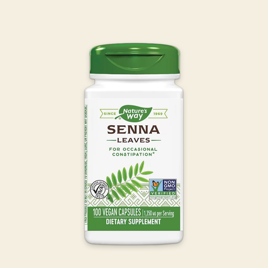 Nature's Way Senna Leaves dietary supplement bottle on a beige background
