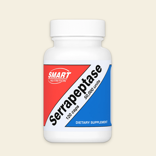 Supplement bottle labeled 'Serrapeptase' with 'SMART Nutrition' branding on a beige background