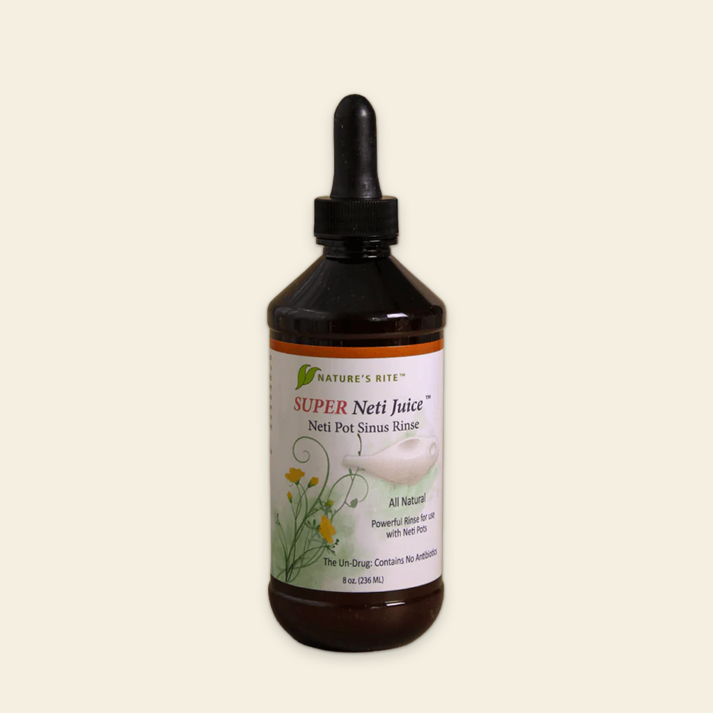 Bottle of Nature's Rite Super Neti Juice on a beige background