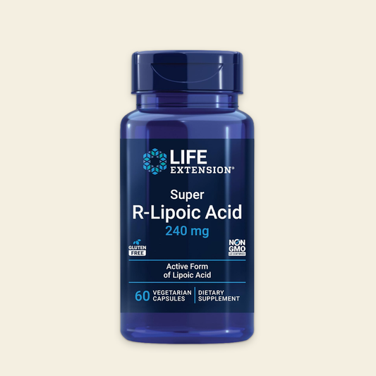 Blue supplement bottle labeled 'Super R-Lipoic Acid' by Life Extension on a beige background