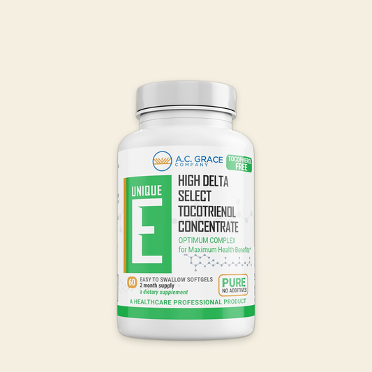 Supplement bottle labeled 'Unique E' with A.C. Grace Healthcare on a beige background