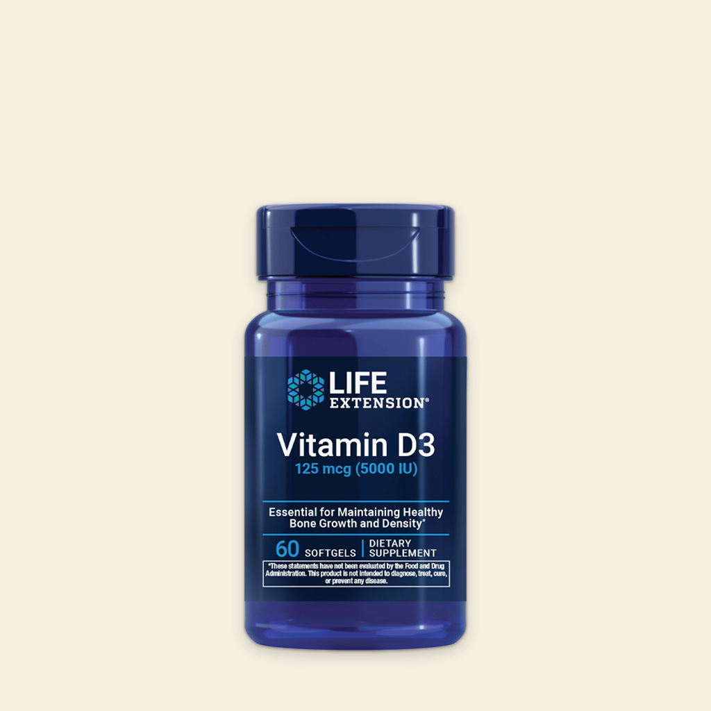 Blue bottle of Life Extension Vitamin D3 on a beige background