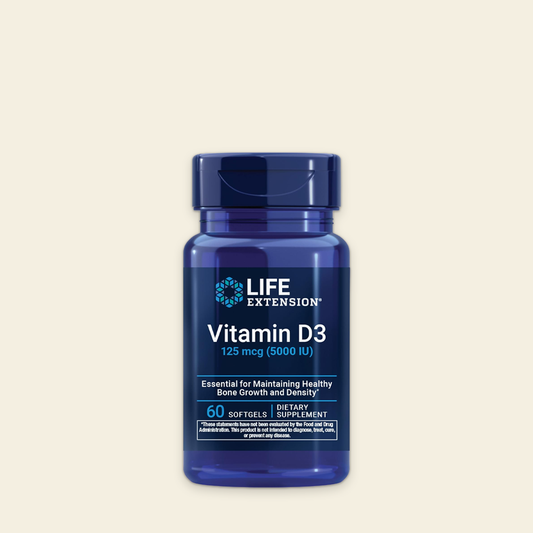 Blue bottle of Life Extension Vitamin D3 on a beige background