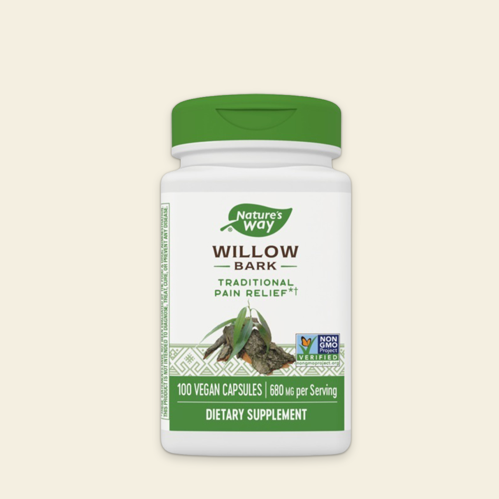 Nature's Way Willow Bark dietary supplement bottle on a beige background