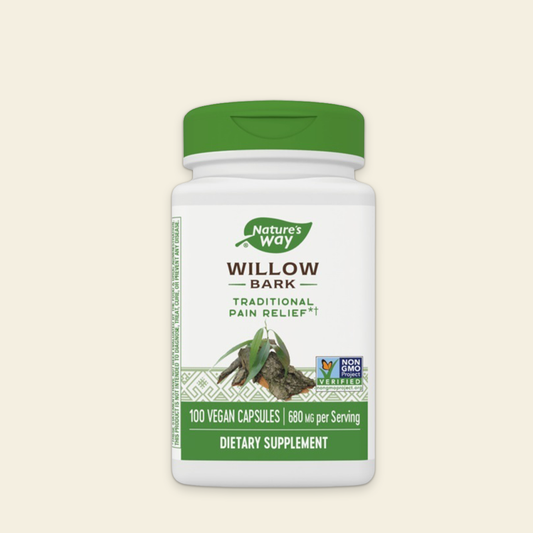 Nature's Way Willow Bark dietary supplement bottle on a beige background