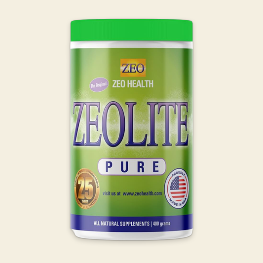 Zeolite supplement container with green lid and label on a beige background