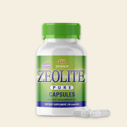 Bottle of Zeolite Pure Capsules by Zeo Health on a beige background