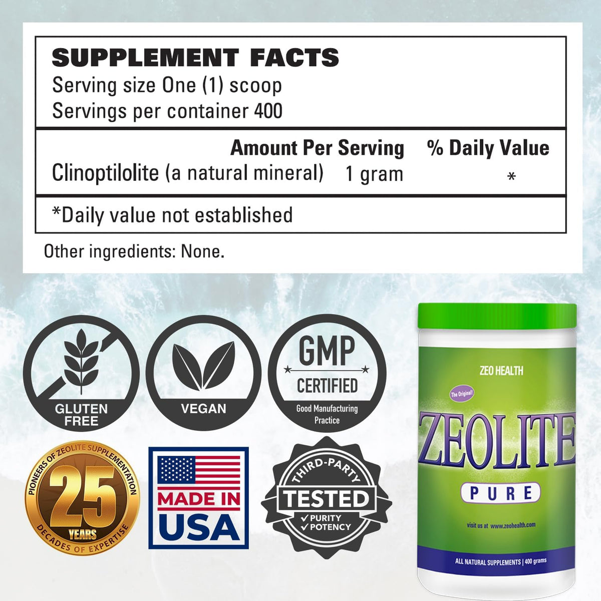 Supplement facts label for Zeolite Pure with product packaging on a light blue background