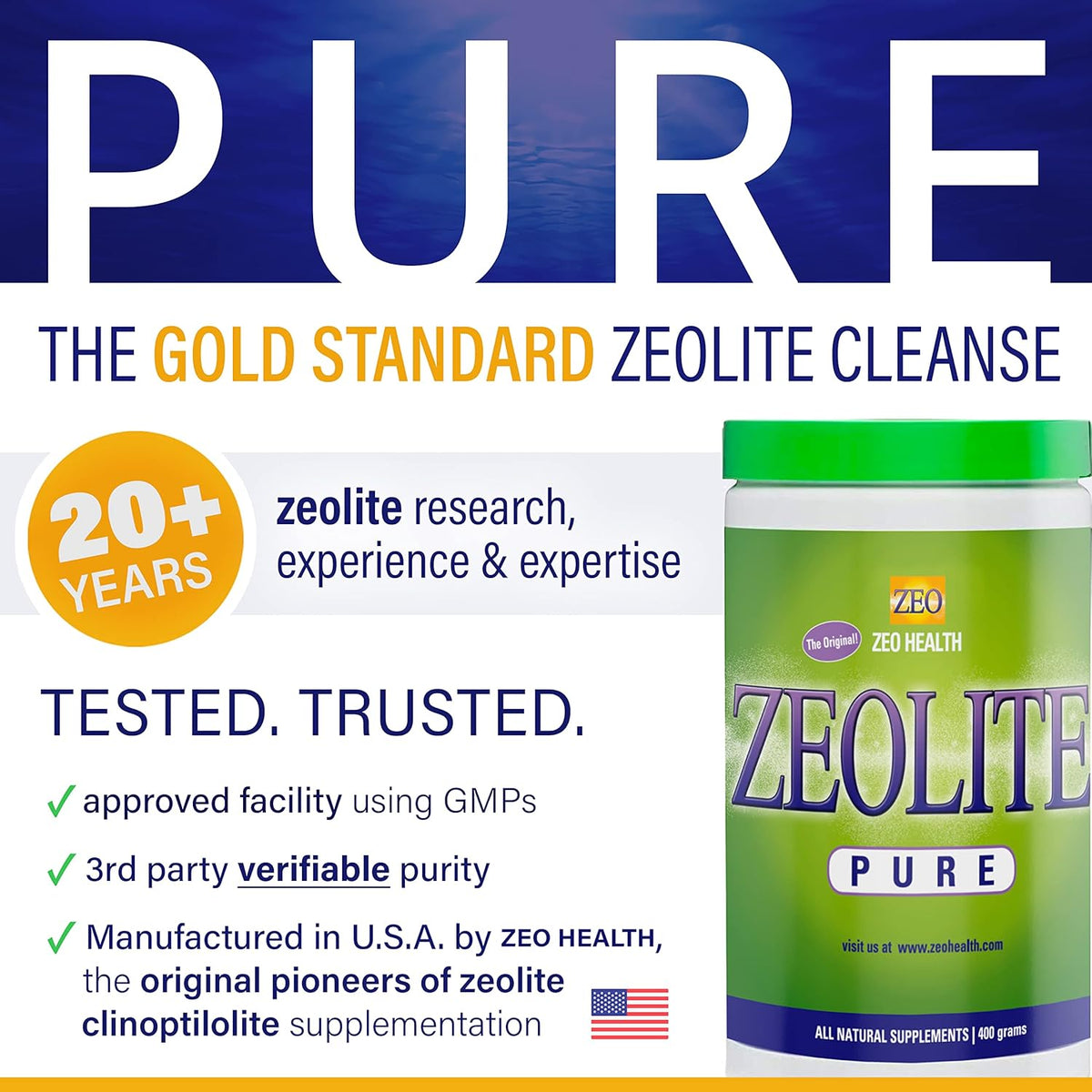 Advertisement for Zeo Health Zeolite Pure cleanse with branding and product details.