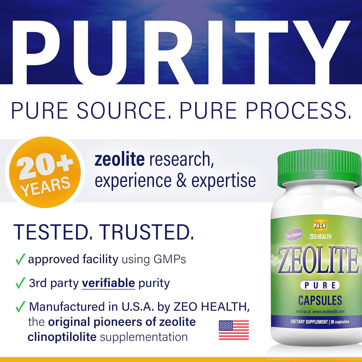 Advertisement for Zeo Health Zeolite Pure Capsules with product packaging and promotional text.