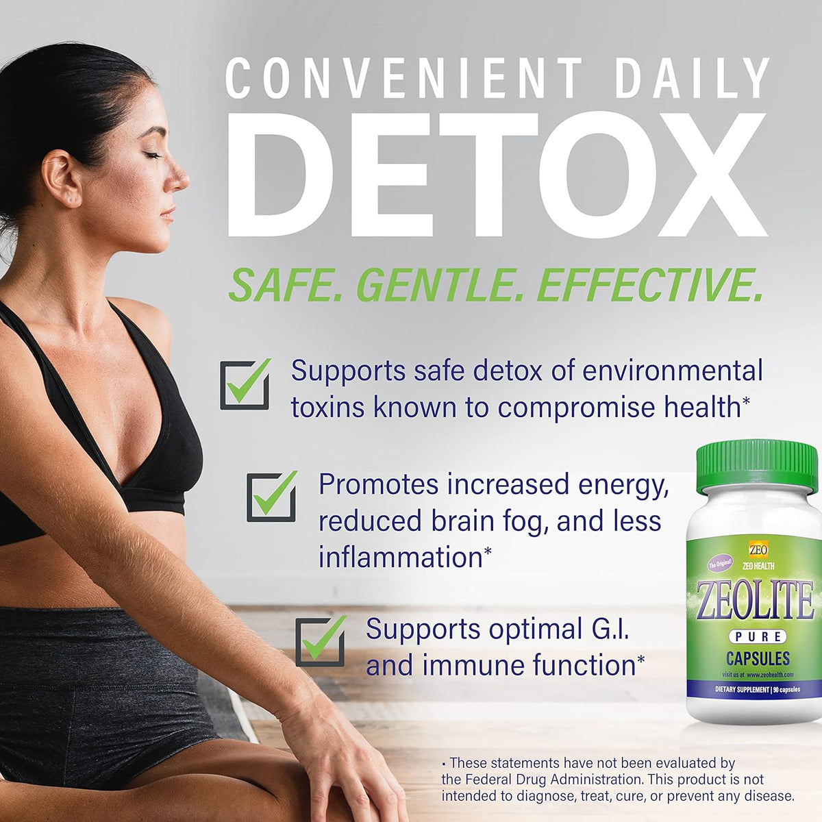 Advertisement for Zeolite capsules with a woman sitting and text about detox benefits.