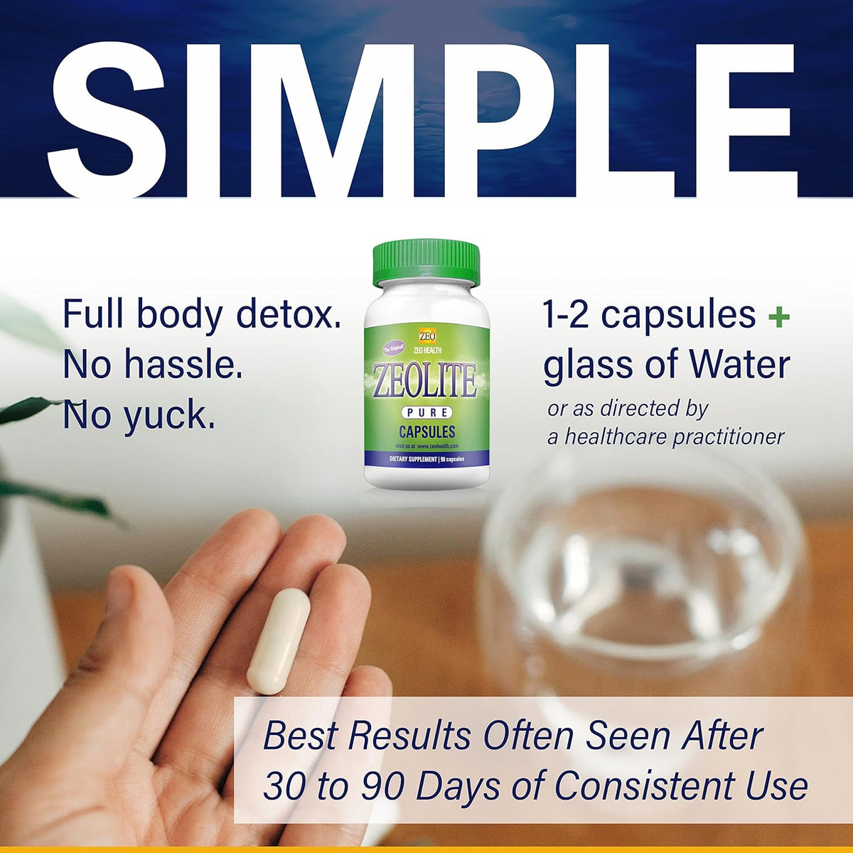 Zeolite capsules with instructions and benefits on a blurred background