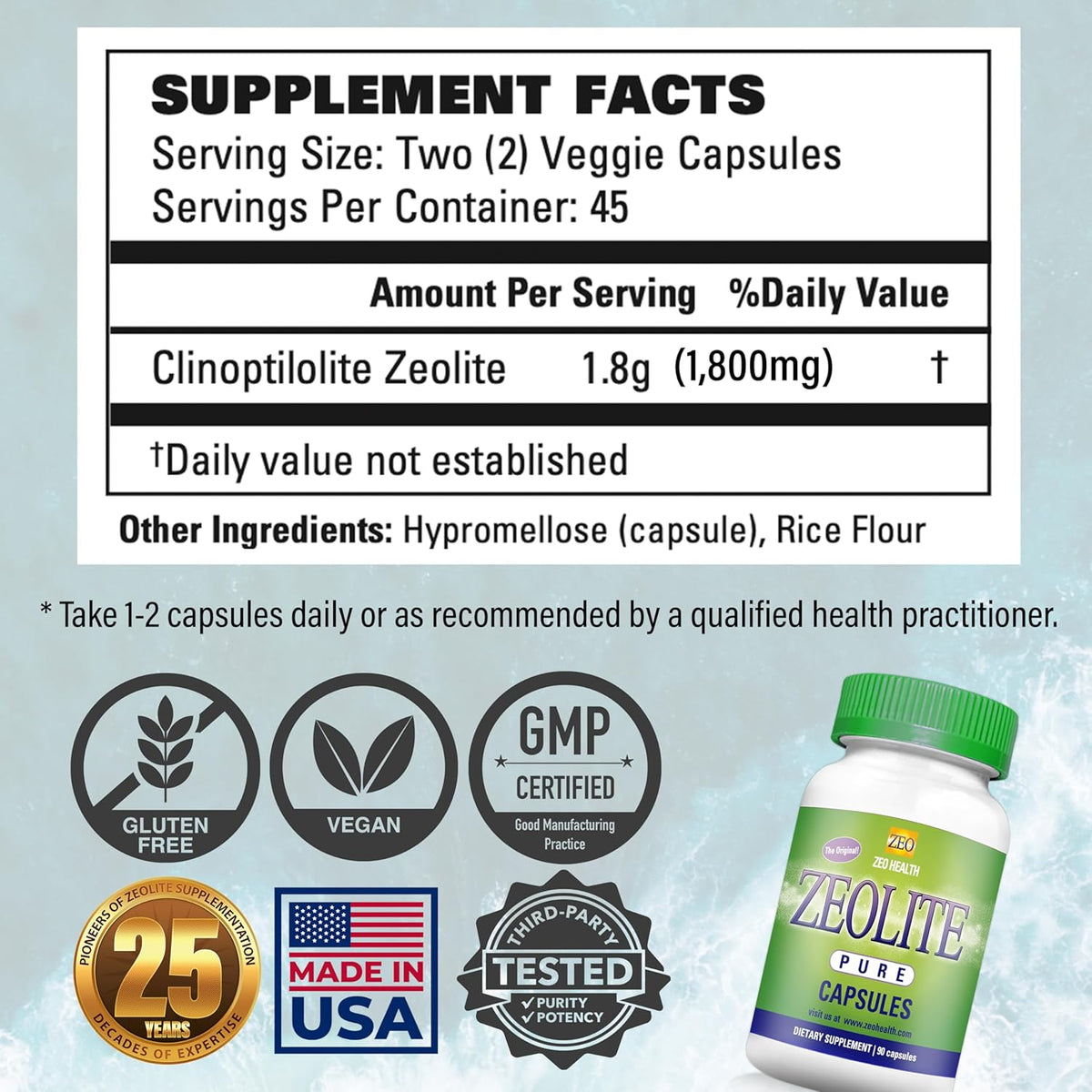 Supplement label for Clinoptilolite Zeolite capsules with serving size, amount per serving, and product details.