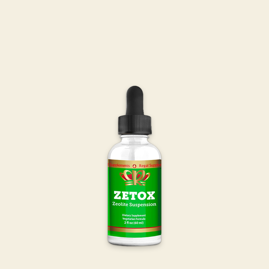 Zetox Zeolite Suspension bottle with dropper on a beige background