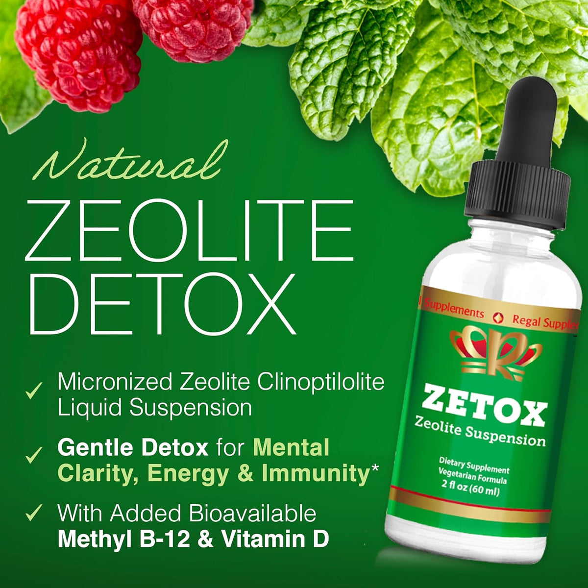Zetox zeolite detox supplement bottle with green background and natural elements