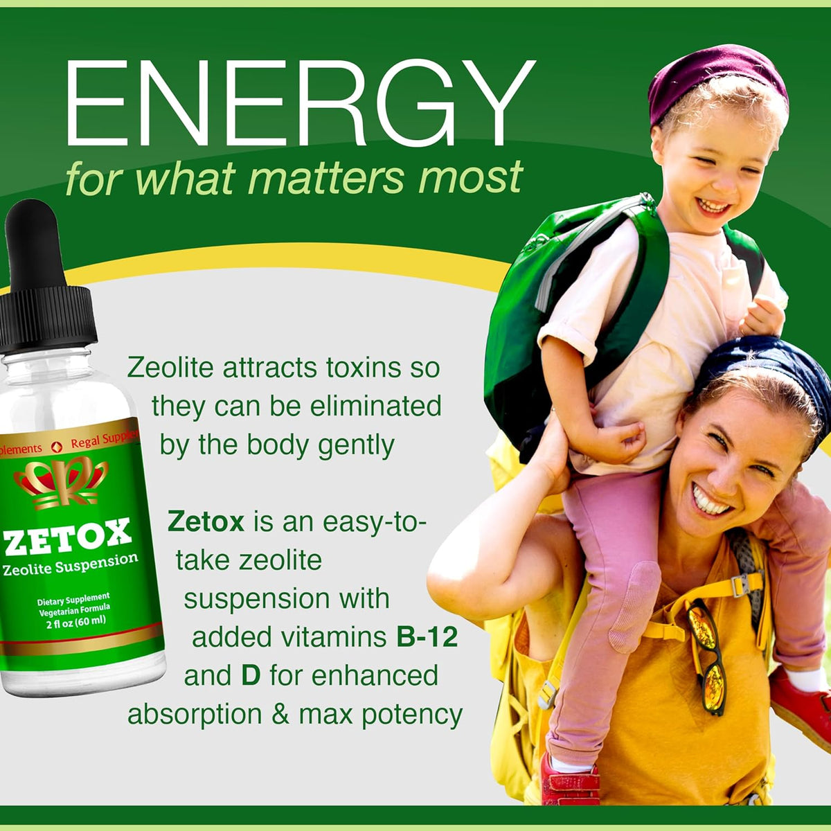 Advertisement for Zetox zeolite suspension with a woman and child outdoors, emphasizing energy and health benefits.