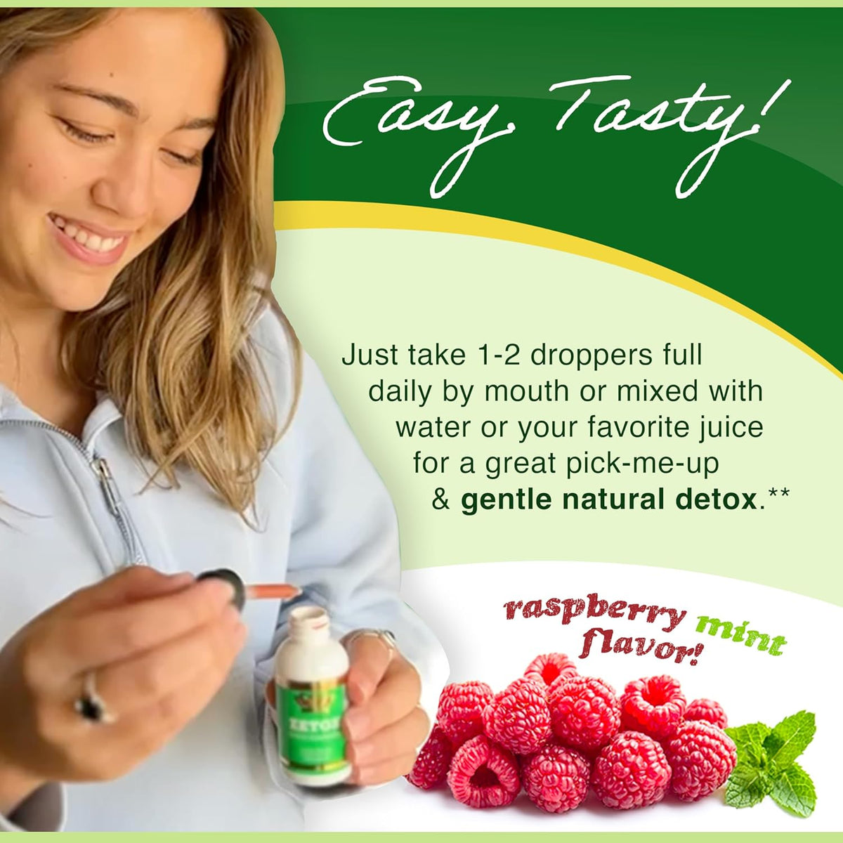 Woman using a dropper with a bottle labeled 'Easy Tasty!' featuring raspberries and mint.