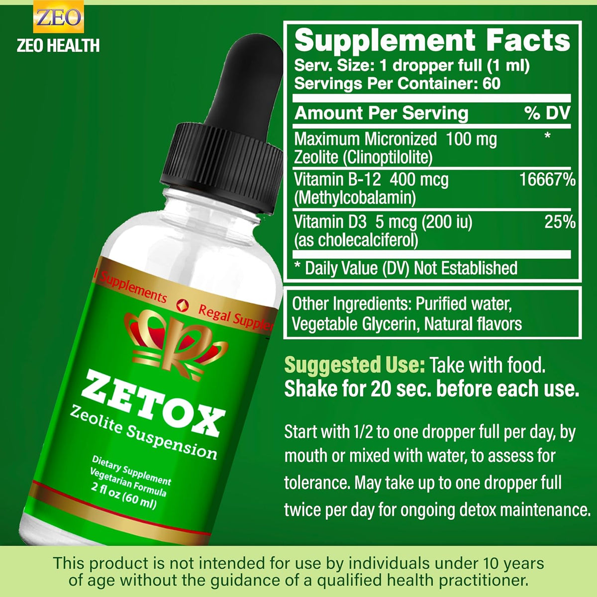 ZEOX dietary supplement bottle with dropper on a green background