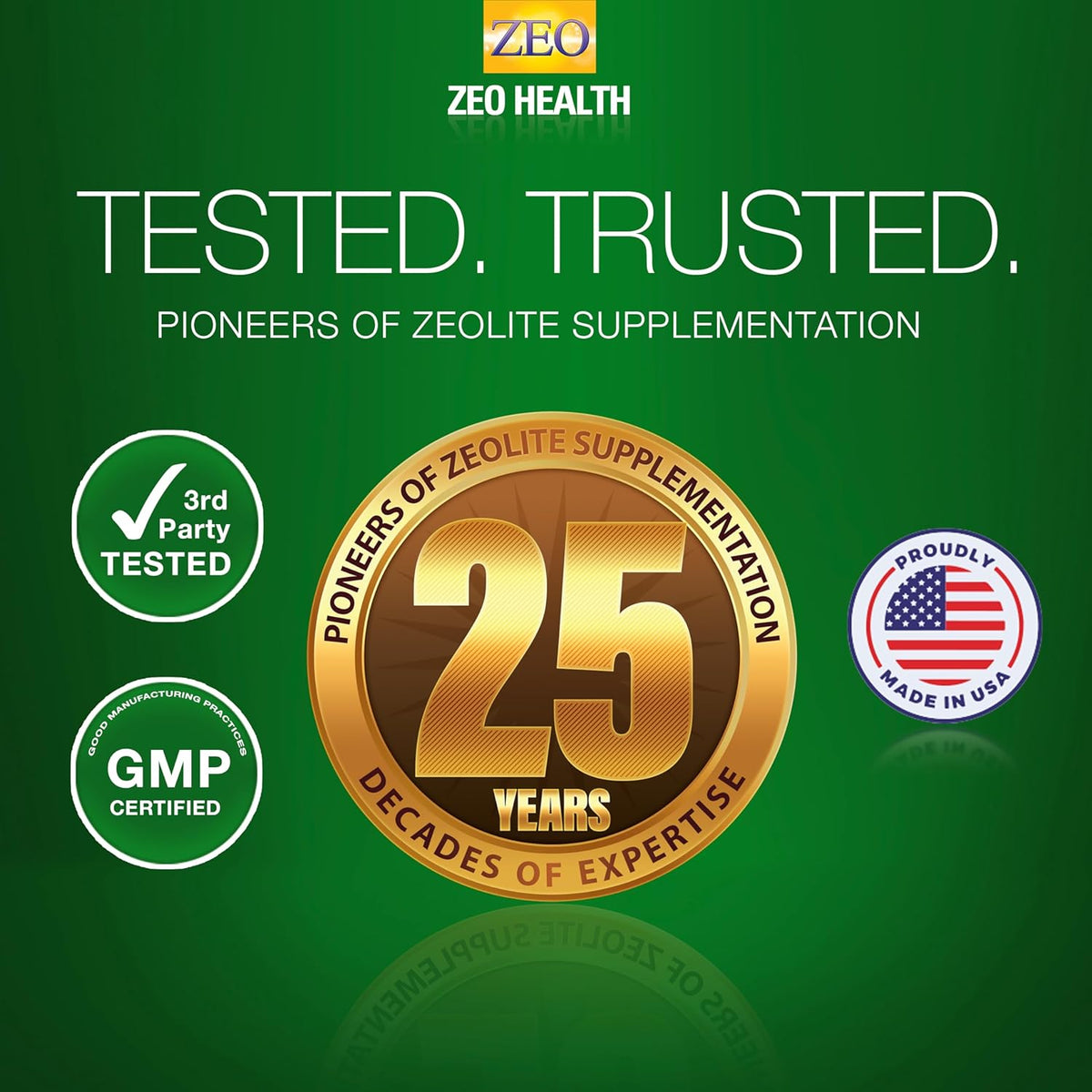 ZEOL Health advertisement with gold medal, text, and logos on a green background