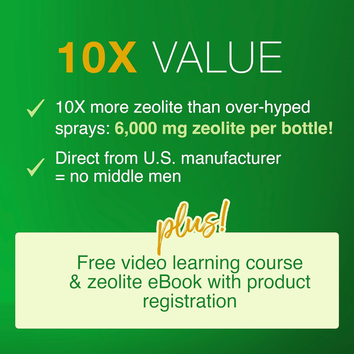 Promotional text on a green background highlighting zeolite product features and additional offers.
