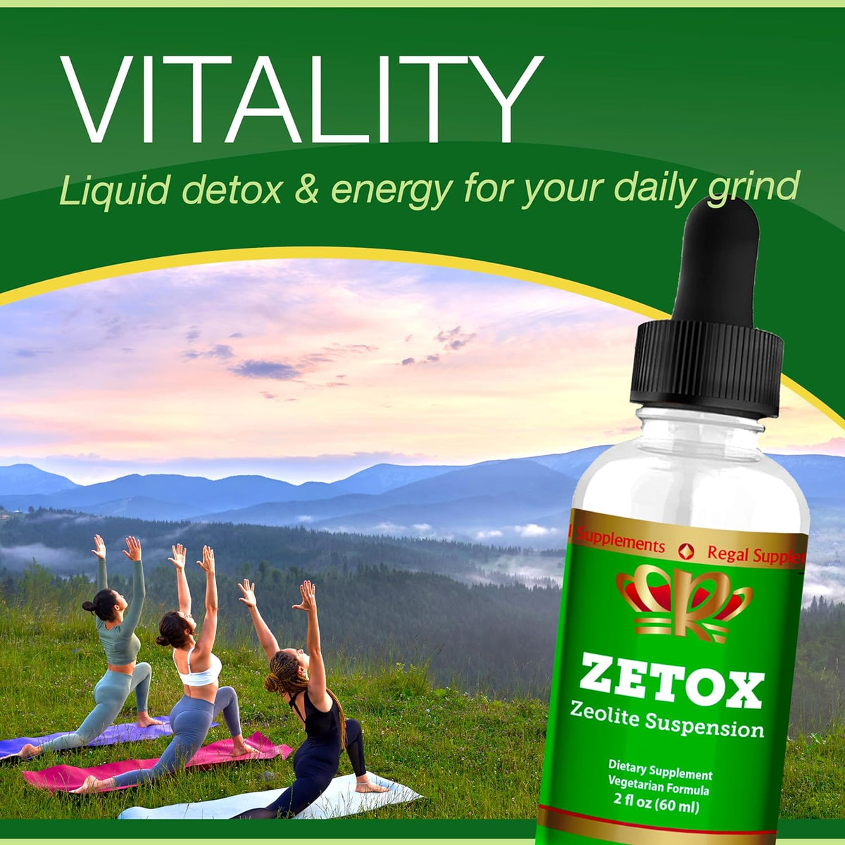 ZETOX Zeolite Suspension bottle with people doing yoga and a scenic background