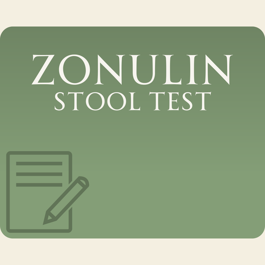 Green card with 'ZONULIN STOOL TEST' text and a icon of a notepad and pencil on a beige background.